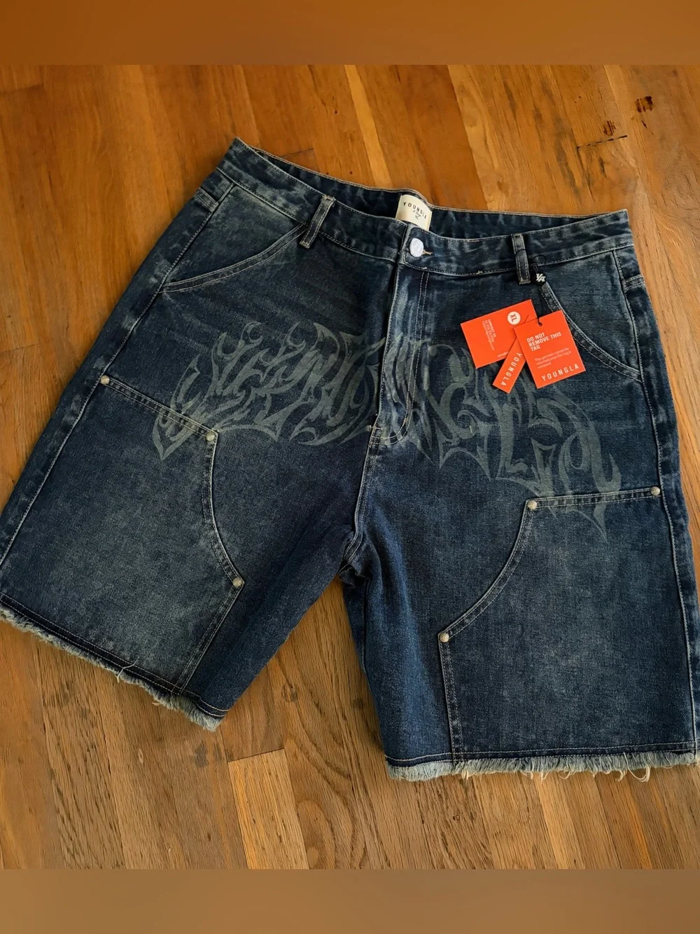 Young LA gangsta jorts Denim Flame Graphic Shorts - Dark Wash